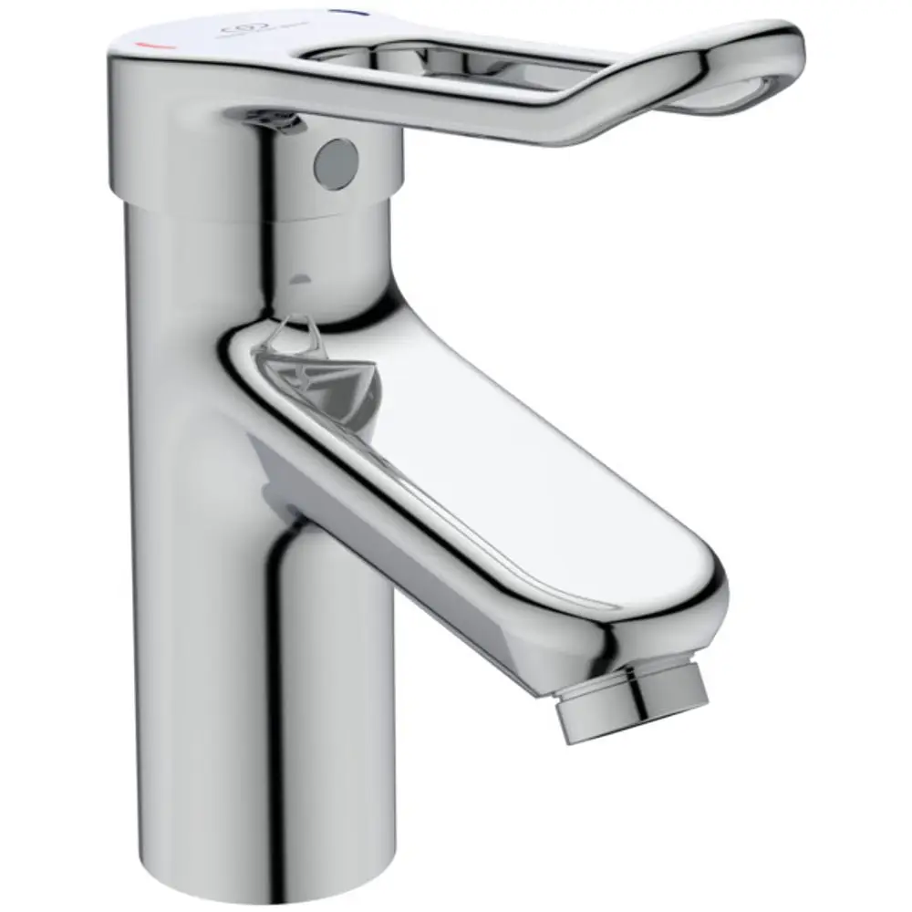 Chromfarbene Armatur mit Bügelgriff, geeignet für Badezimmer. Hersteller Ideal Standard, modern gestaltet, ohne Ablauffunktion, mit einem klaren Flüssigkeitsauslass.